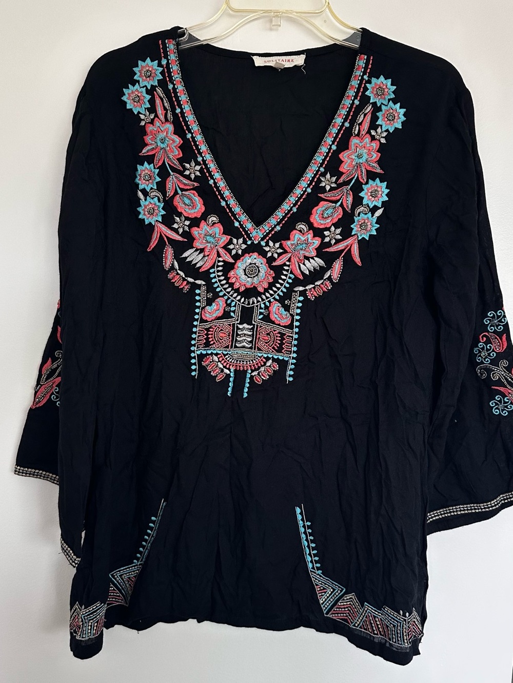 Solitaire Black Tunic with Pink & Turquoise Embroidery and Beading